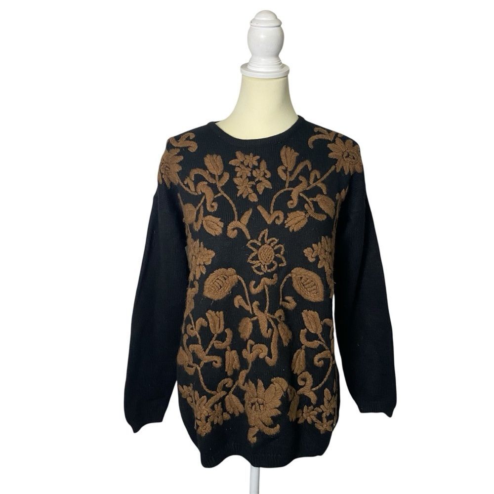 Vintage Rafaella Lambswool Blend Black Knit Floral Sweater Women's Size Medium